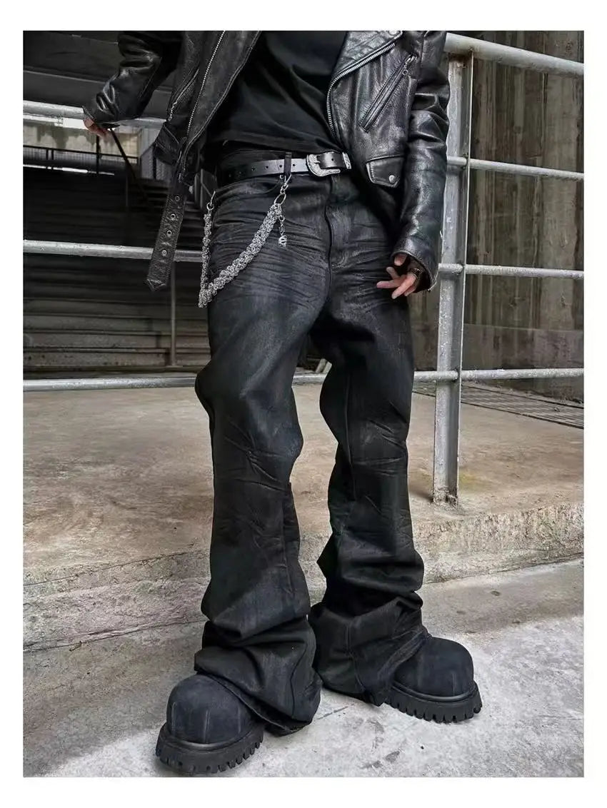 American retro heavy industry men and women black gothic retro casual loose jeans High street coated micro-flare jeans