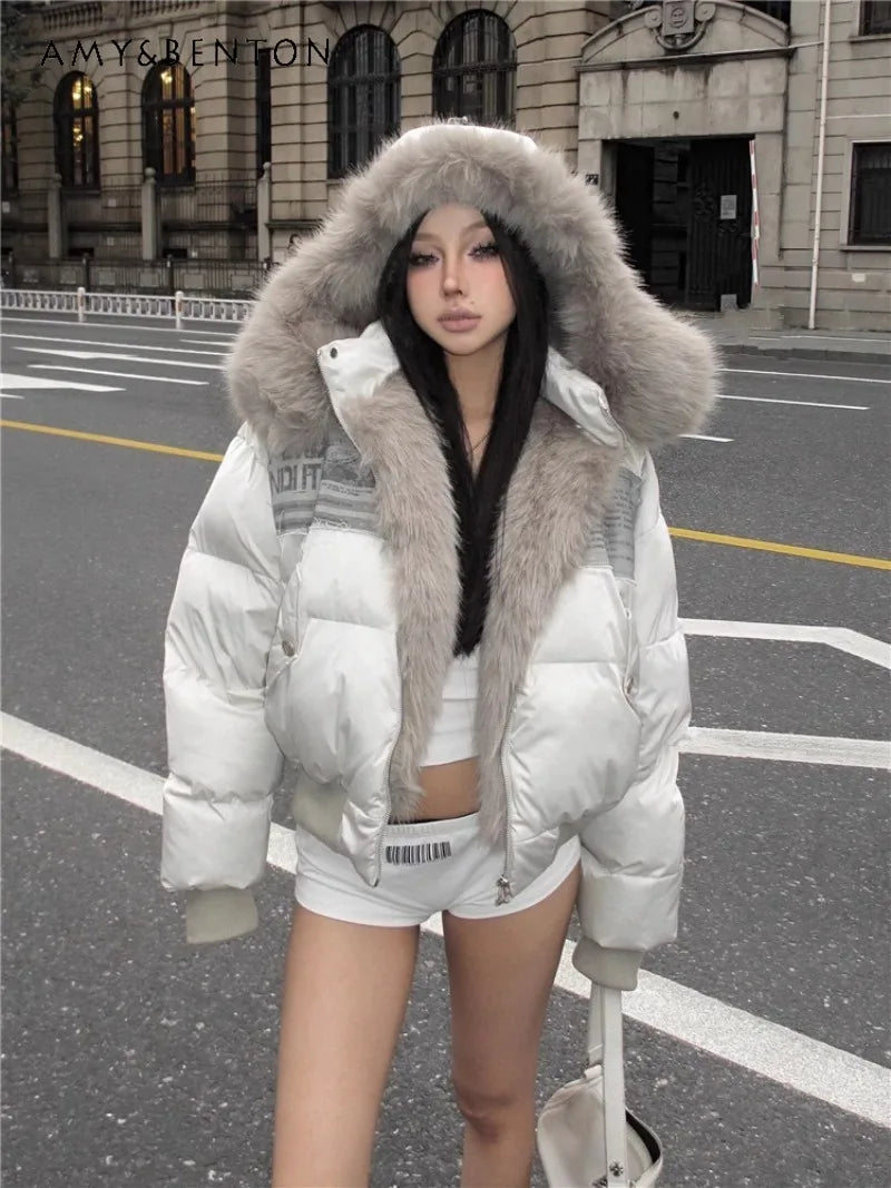 2024 Winter New American Street Style Patch Fur Short Solid Color Warm Thickened Padded Fashionable Versatile Jacket for Girl