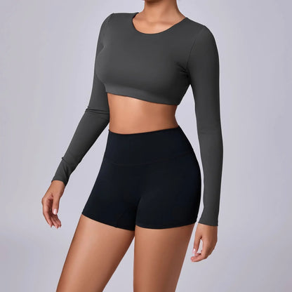 Crop Top Women Long Sleeve Tees 2026 Gym Shirt Padding Sports T-shirts Push Up Yoga Clothing Black White Blue Coffee Gray Navy