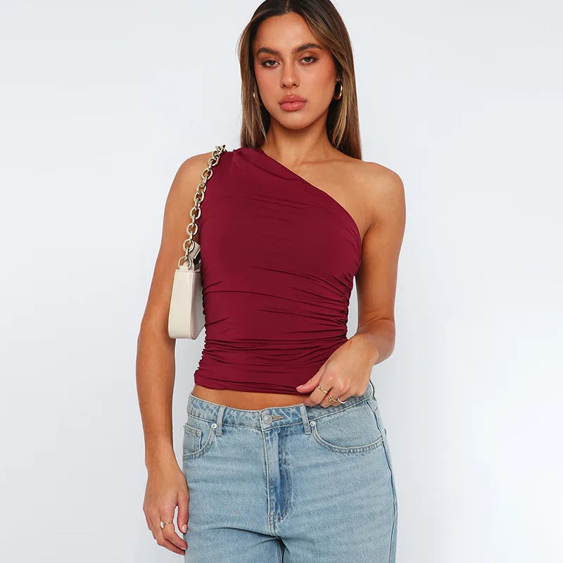 Solid Color One Shoulder Backless Shrink Tank Top T-Shirt Candy Color Tight Sexy Sleeveless Neckless Slim Casaul Top