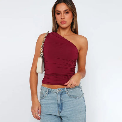 Solid Color One Shoulder Backless Shrink Tank Top T-Shirt Candy Color Tight Sexy Sleeveless Neckless Slim Casaul Top