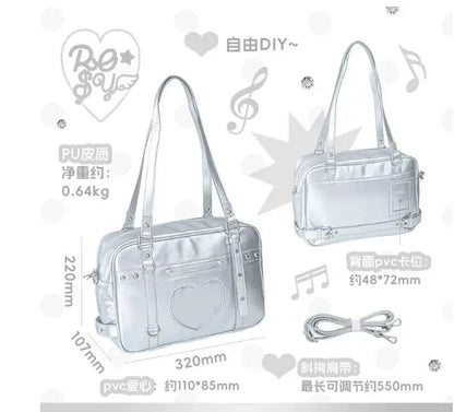 Japanese New Girls Silver Shoulder Bag Large Capacity Ribbon Itabag Student Women's Satin Messenger Bag Leather Backpacks