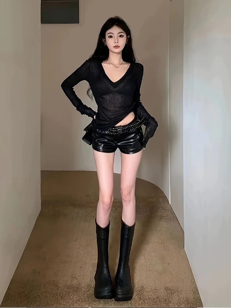 Women's Sheer V-Neck Long-Sleeve Top