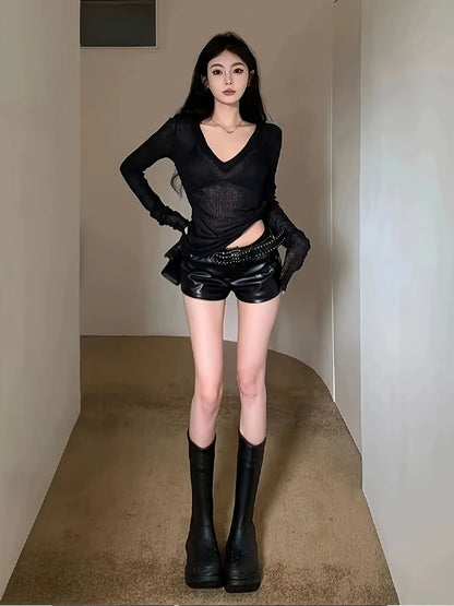 Women's Sheer V-Neck Long-Sleeve Top