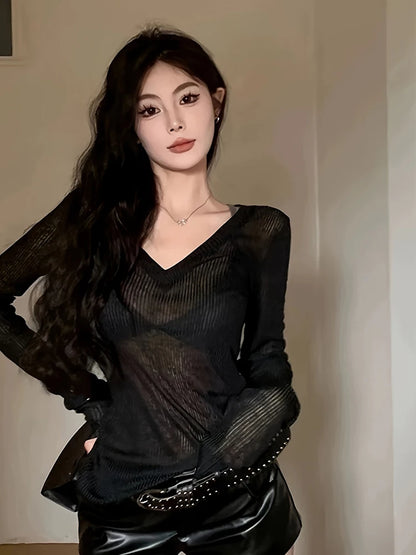 Women's Sheer V-Neck Long-Sleeve Top