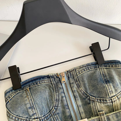 SINGREINY Vintage Denim Strapless Camis Backless Irregular Raw Hem Slim Distressed Crop Top Ladies Sashes Sexy Club Lingerie Top