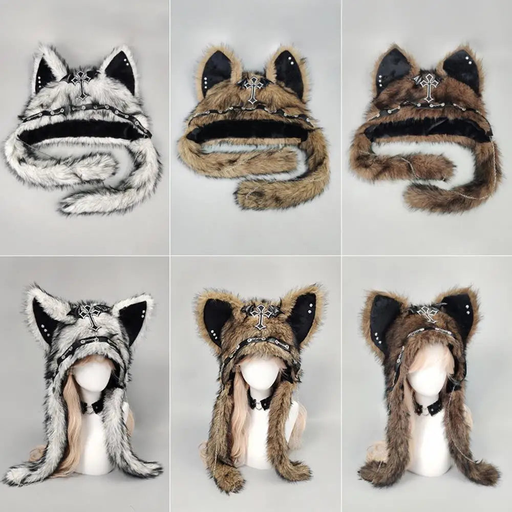 Winter Plush Beanie Hats Punk Wolf Furry Ear Protection Outdoor Windproof Caps Couples Headwear Gothic Dark Fursuit Cosplay Prop