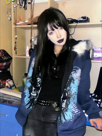 Dark Gothic Style Cross Design Printed Large Fur Collar Zipper Cardigan for Women 2026 Y2k Harajuku Spicy Girl Hooded Sweatshirt
