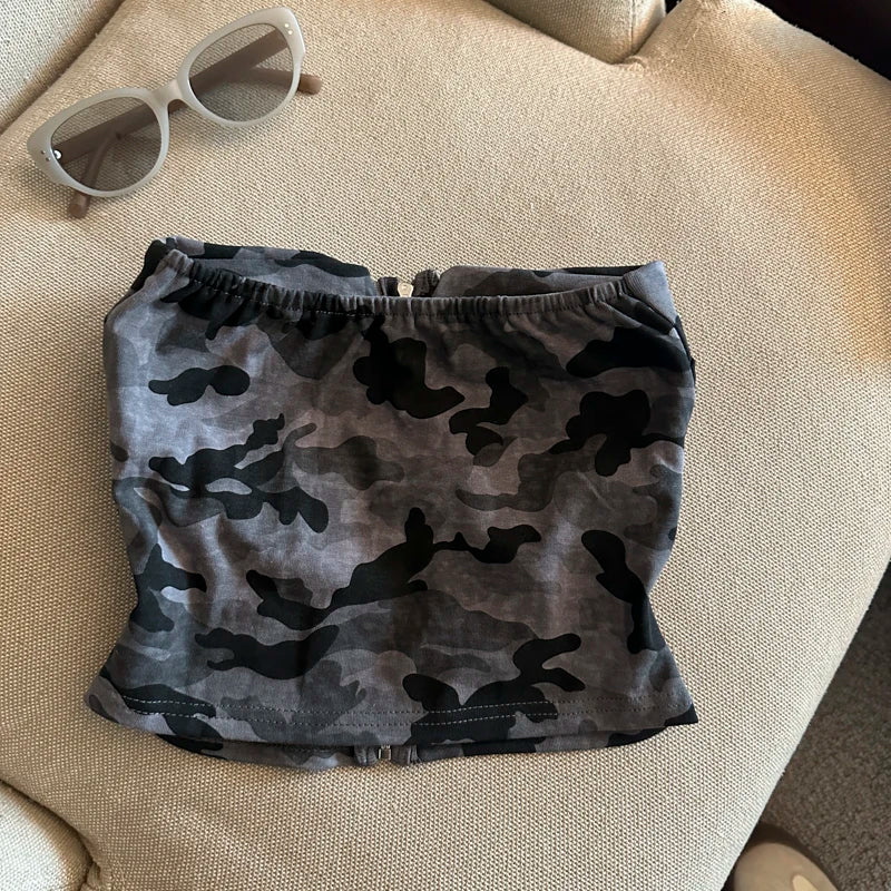 Sexy American Girl Camouflage Print Tube Top Vest Women's Summer Zipper Open Cardigan Shoulder Bared Short Style Top