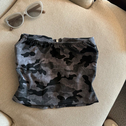 Sexy American Girl Camouflage Print Tube Top Vest Women's Summer Zipper Open Cardigan Shoulder Bared Short Style Top