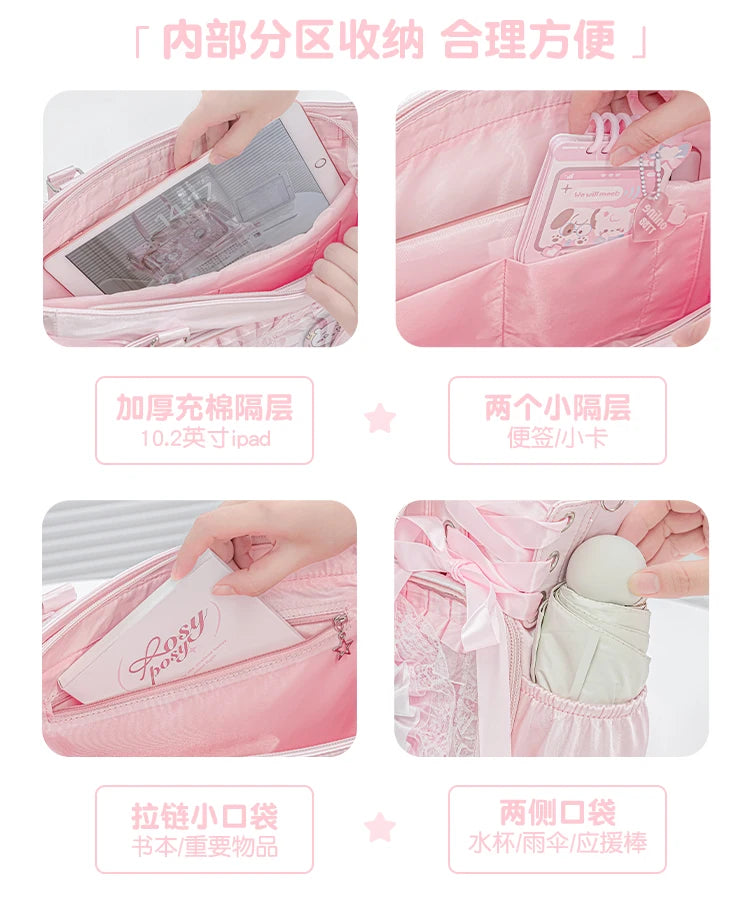 Japanese New Girls Silver Shoulder Bag Large Capacity Ribbon Itabag Student Women's Satin Messenger Bag Leather Backpacks