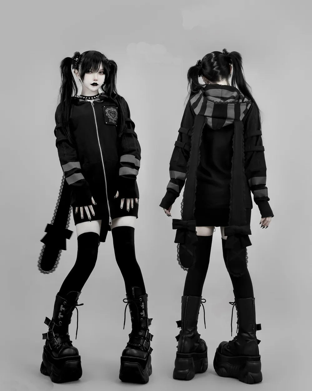 Japanese Harajuku Style Bow Sweet Cool Long-Ear Hooded Lace Trim Color-Block Zipper Long Cardigan Coat Gothic Hoodie Jacket