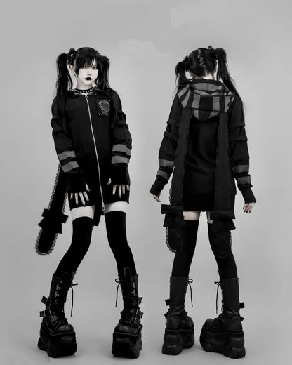 Japanese Harajuku Style Bow Sweet Cool Long-Ear Hooded Lace Trim Color-Block Zipper Long Cardigan Coat Gothic Hoodie Jacket