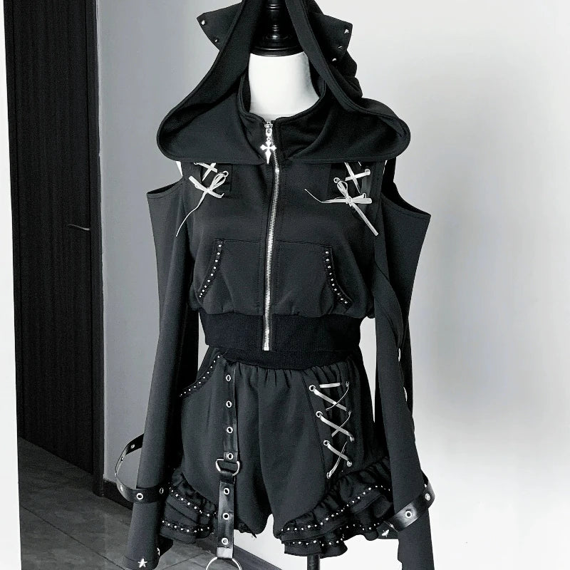 Women's Gothic Cross Hoodie & Shorts Set