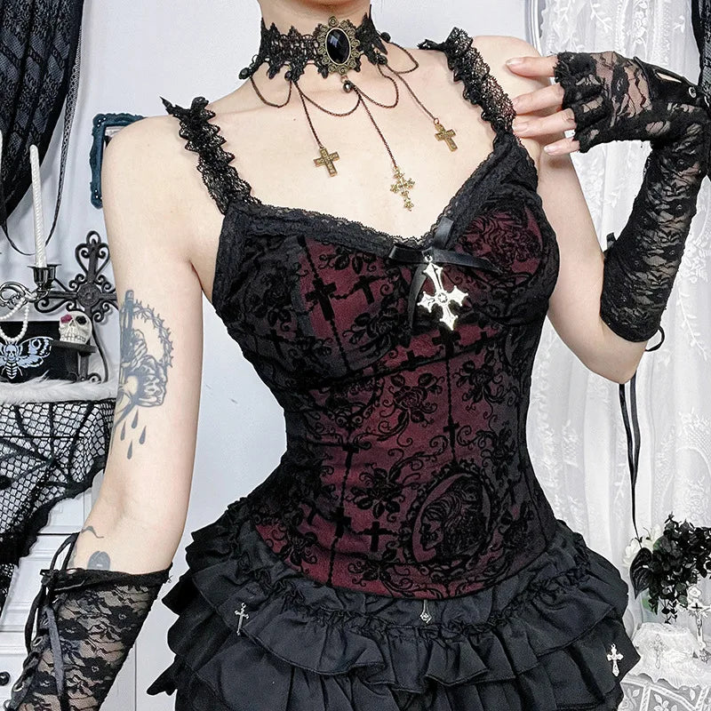 Mall Gothic Spaghetti Strap Tanks Top Hot Sexy V-neck Lace Patchwork Camisole Basic Slim Vests Summer Techwear Women