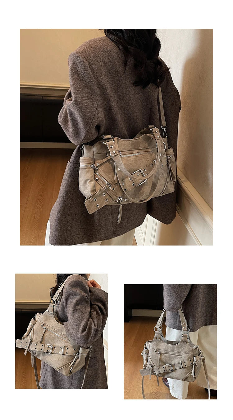 Fashionable Large Capacity Rivet Street Style Women's Tote Bag Shoulder Crossbody Bag Durable Polyester  Commuter Bag