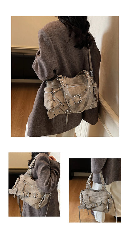 Fashionable Large Capacity Rivet Street Style Women's Tote Bag Shoulder Crossbody Bag Durable Polyester  Commuter Bag