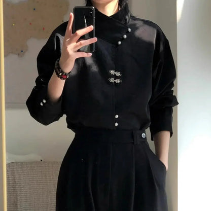 Style National Style Satin Irregular Dark Pattern Stand Collar Trendy Retro Metal Plate Button Long-sleeved Shirt for Men Women