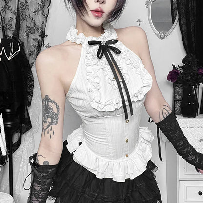 Women Blouses Trim Off Shoulder Halter Tops Mall Gothic Ruched Bow Tanks Top Fairycore Teachwear Summer Vests