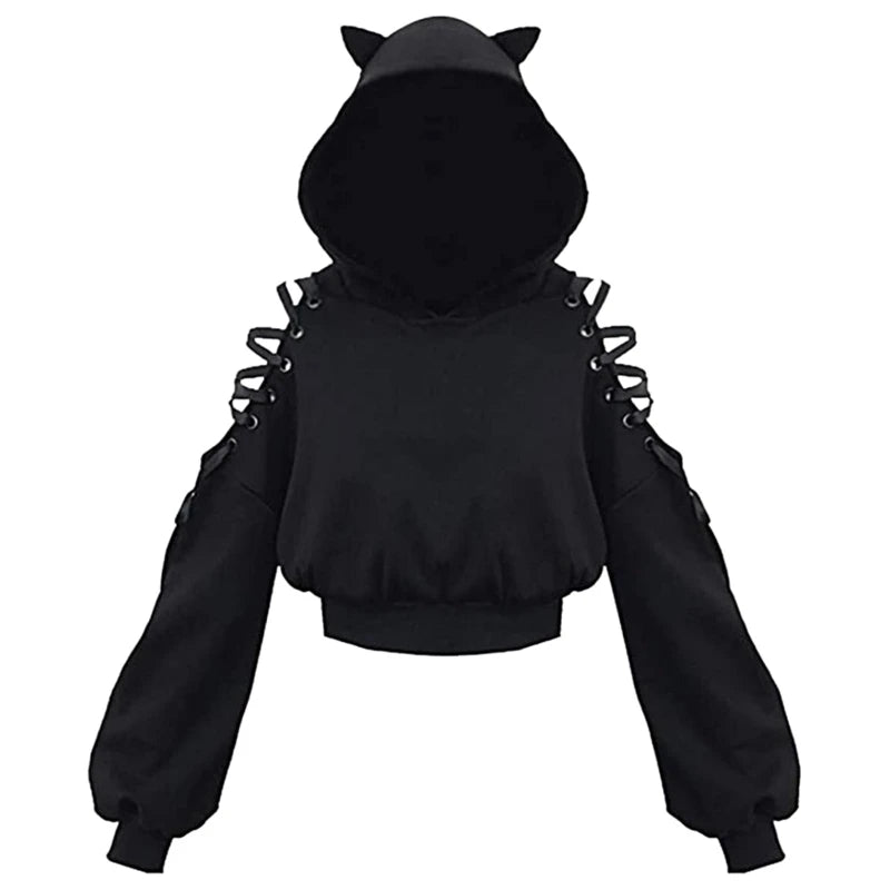 Y2k Gothic Women's Hoodie Cat Ear Crop Top Hooded Sweatshirt Hollow Out Lace - APEX RITUAL women's hoodies & sweatshirts