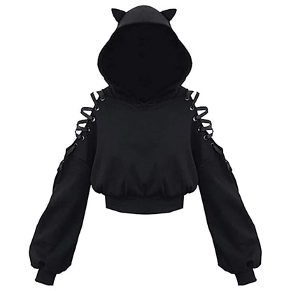 Y2k Gothic Women's Hoodie Cat Ear Crop Top Hooded Sweatshirt Hollow Out Lace - APEX RITUAL women's hoodies & sweatshirts