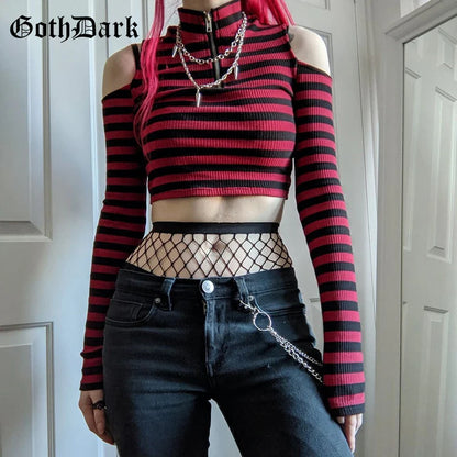 Grunge Striped Mall Gothic Basic T-shirts Punk E-girl Aesthetic Bodycon Casual Crop Tops Long Sleeve Open Shoulder Tee Gothic