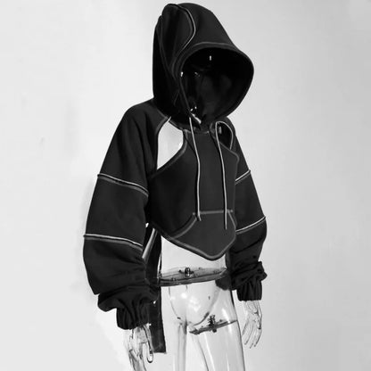 Color Blocking Bright Line Decoration Women High Street Hoodies Y2K Clothes Harajuku Hollow Out Back Lace-up Long Sleeve Tops