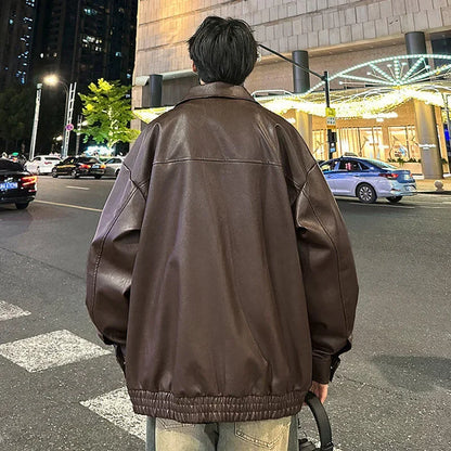 Youth Fashion Men Leather Jacket Casual Zipper Black Motorcycle Waterproof Windproof Pu Bomber Coat