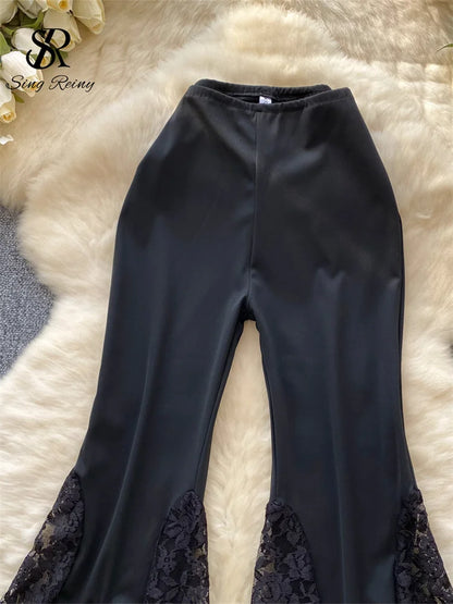 SINGREINY American Ins Hotsweet Pants Women High Waist Mesh Splice Lace Design Fashion Streetwear Skinny Flared Long Pants