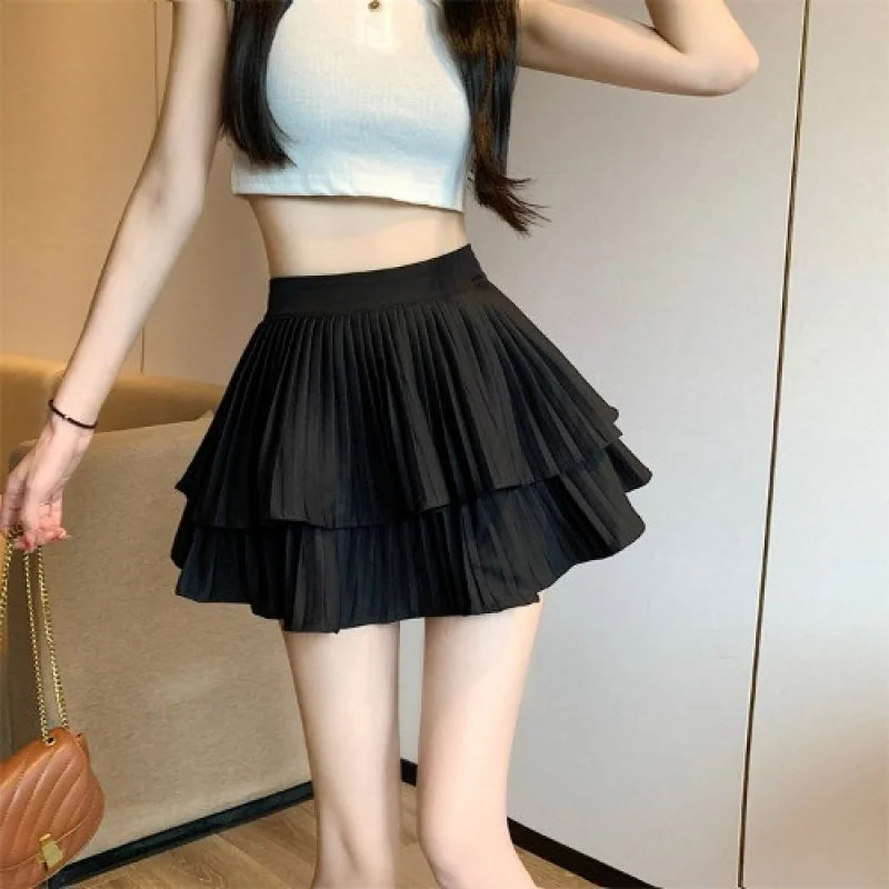 Women Ruffled Pleated A-Line Mini Skirt Summer Tulle Cake High Waist Slim Skirt Shorts Female Sexy Korean Kawaii White