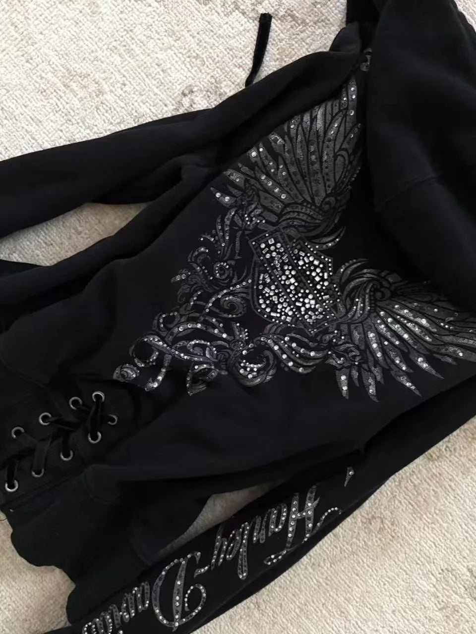 Women's Jacket Y2K Gothic Drawstring Design Black Zipper Sweatshirt Harajuku Letter Pattern Sexy Slim Fit Hoodie