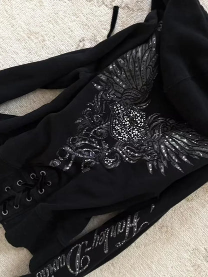 Women's Jacket Y2K Gothic Drawstring Design Black Zipper Sweatshirt Harajuku Letter Pattern Sexy Slim Fit Hoodie