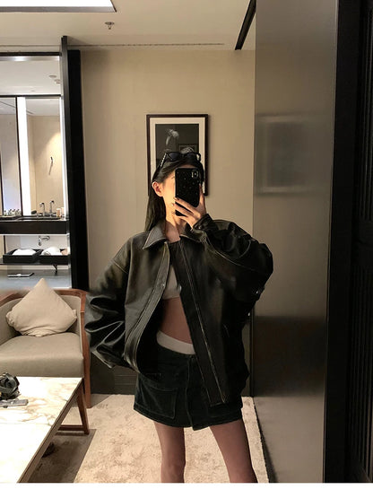 Lautaro Spring Autumn Cool Handsome Retro Oversized Distressed Brown Soft Faux Leather Jackets for Women Zipper Runway Fashion