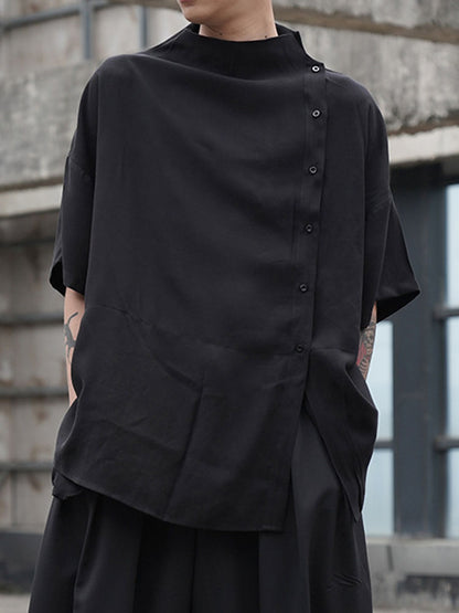 Japanese Stylish Retro Harajuku Button Blouses Men's Five-point Sleeve Small Stand Collar Loose Large Size Korean Shirt
