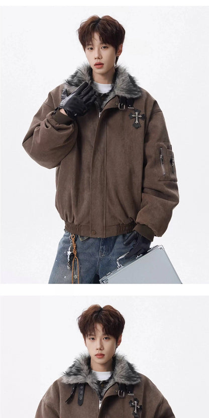 PFNW Fashion Versatile Warm Coat Autumn Winter New Men's Fur Collar High Quality Thick Cotton Jacket 28L1062