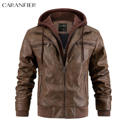 CARANFIER Men PU Leather Jacket Male Moto Biker Hooded Luxury Coats Clothing Faux Vintage Outerwear Chaqueta Hombre Dropshipping