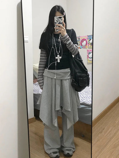 ReddaChic Wrappd Gray Sweatpants Lounge Elastic Waist Wide Leg Irregular Skirt Layering Trousers Grunge Korean Women Clothes