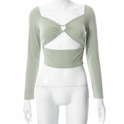 Hollow-Out V-neck Long Sleeve Crop Tops Spring Fall Casual Fashion Women Square Collar Slim Ribbed T-Shirts Backless Tee
