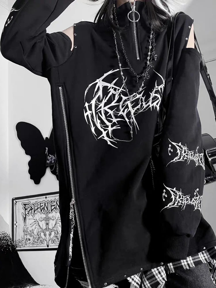 Vintage Black Printing Punk T-Shirt Women Harajuku Off Shoulder Grunge Tops Vintage Oversized Y2k Aesthetic Zipper Tees 2026