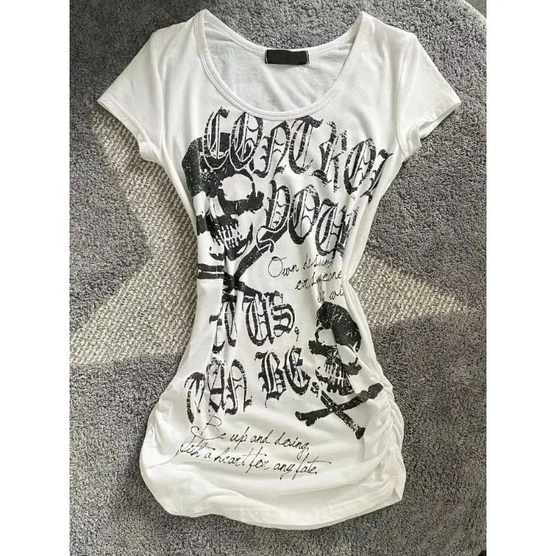 American Retro Fake Two Piece T-shirts Off Shoulder Short Sleeve Y2k Slim Fit Top Tee Skull Print Harajuku Streetwear 2026