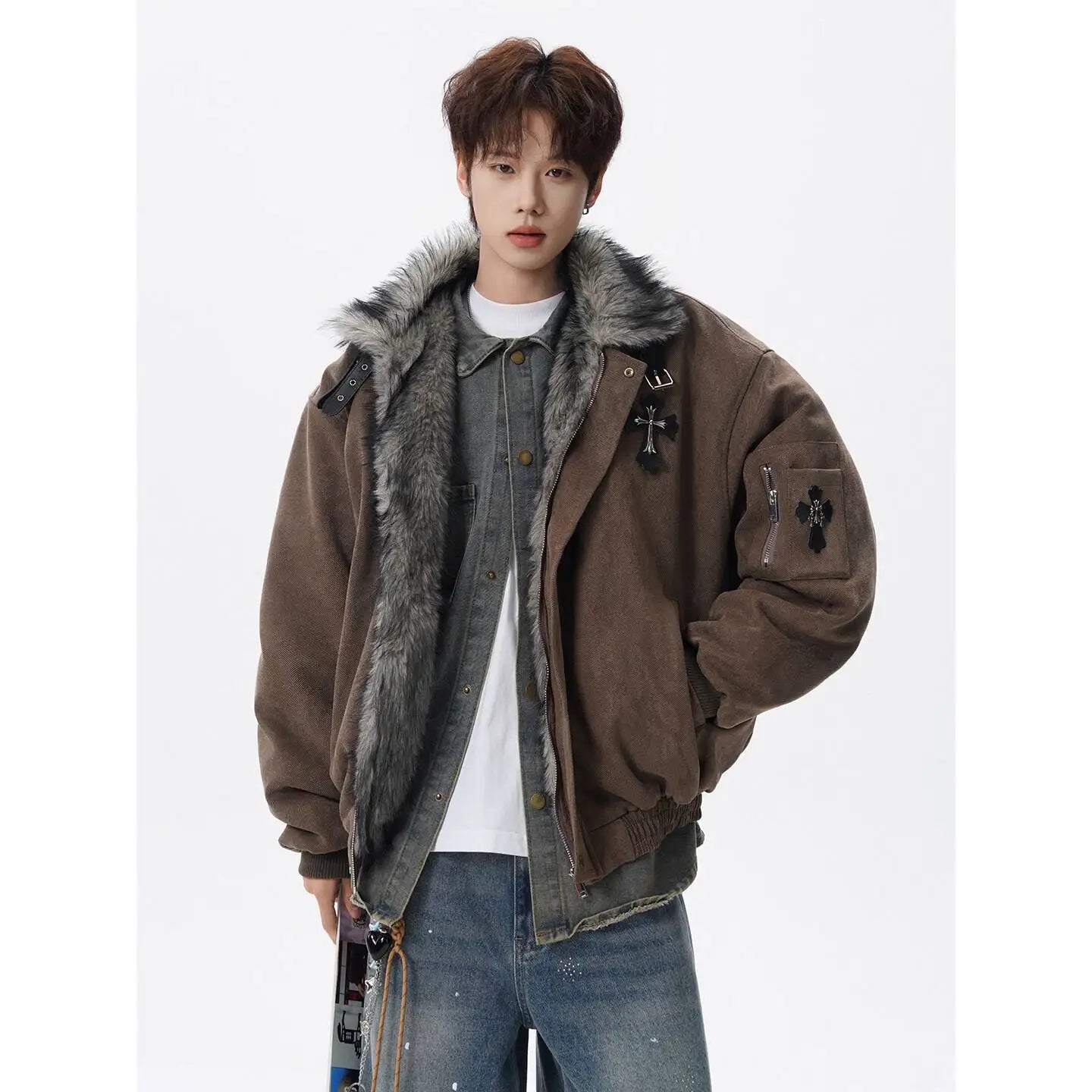 PFNW Fashion Versatile Warm Coat Autumn Winter New Men's Fur Collar High Quality Thick Cotton Jacket 28L1062