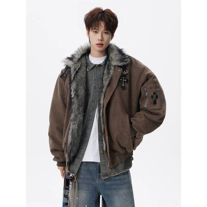 PFNW Fashion Versatile Warm Coat Autumn Winter New Men's Fur Collar High Quality Thick Cotton Jacket 28L1062