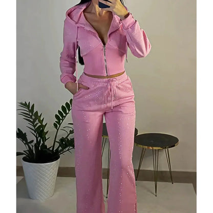 Apex Ritual – Hot Drilling Design Hoodie – High Waist Long Pants Fashion Casual Women's Tracksuit