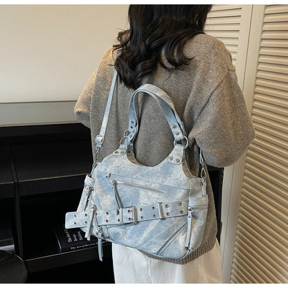 Fashionable Large Capacity Rivet Street Style Women's Tote Bag Shoulder Crossbody Bag Durable Polyester  Commuter Bag