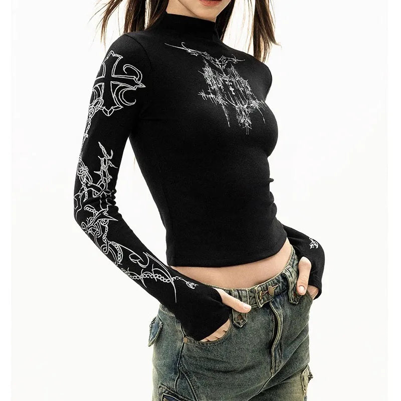 Grunge Women T-Shirt Y2k Aesthetics Half high neck Tees Graphical Print  Long Sleeve Sheer Tops Punk Alternative Crop Tops EMO