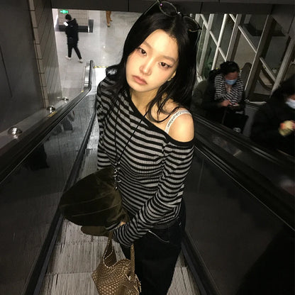 Genayooa Y2k T-shirt Women Long Sleeve Off Shoulder Striped Crop Tops Y2k Grunge 2000s Aesthetic Streetwear T Shirts