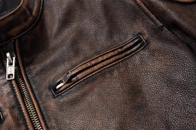 Vintage Black Brown Real Cowhide Genuine Leather Jacket Real Fur Men's Leather Jacket Bomber Men Leather Jacket Motorcycle Coat