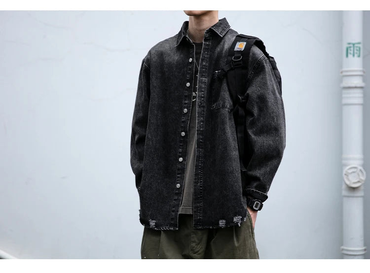 American Streetwear Wash Denim Shirts For Men Harajuku Casual Men'S Clothing Vintage Blue Lapel Cargo Coat Korean Long Sleeve