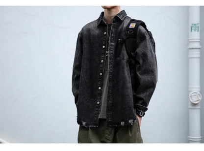 American Streetwear Wash Denim Shirts For Men Harajuku Casual Men'S Clothing Vintage Blue Lapel Cargo Coat Korean Long Sleeve