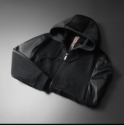 Minglu Autumn Winter Goatskin Men's Jackets High Quality Solid Color Hooded Genune Leather Male Coats Zipper Casual Man Overcoat